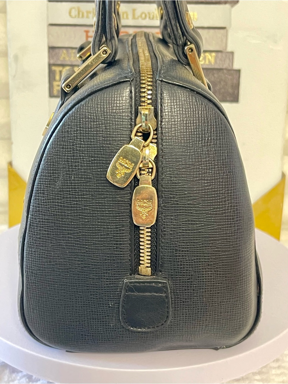 MCM Black Leather Boston Satchel with Gold Hardware EUC - Picture 3 of 11